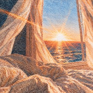 May include: A textured punch needle wall hanging depicting a sunset over the ocean viewed through an open window with draped curtains. The scene features warm orange and yellow light, deep blue water, and dark shadows in a looped fibre art style.
