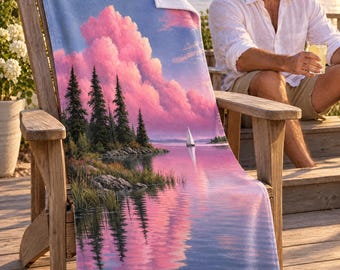 Lake House Beach Towel, Pink Sky Pine Lake Art, Cabin Decor — Housewarming Gift