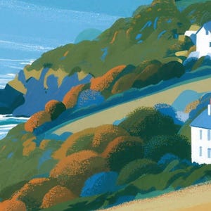 Close-up of the printed design on the shower curtain: green and orange shrubs on a sloping hillside above the water, with part of a white cottage at the right edge.