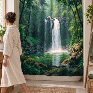 Wider view of a bright bathroom with the rainforest waterfall shower curtain closed across the tub and a woman in a white robe walking past barefoot on a woven rug, partly hiding the left side of the design.