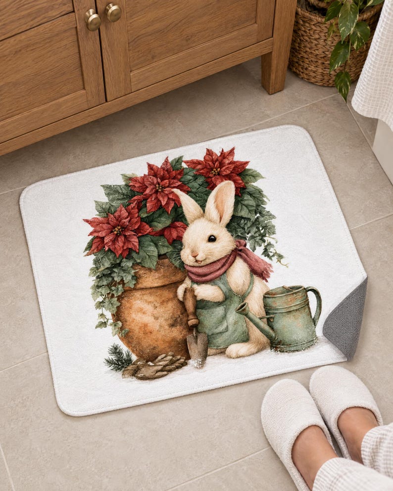 Poinsettia bunny bath mat in front of a wood vanity, one corner turned up to show the gray anti-slip back, with white slippers below.