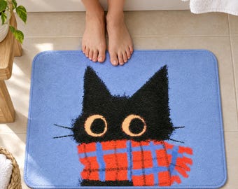 Cat Bath Mat, Black Cat in Plaid Scarf Winter Art, Cute Cat Bathroom Rug — Cat Lover Gift