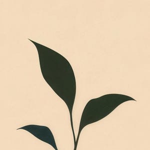 Close-up of the printed design on the shower curtain: three dark green seedling leaves on a smooth cream background.