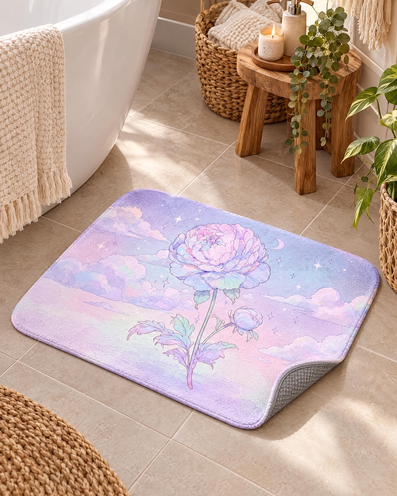 May include: A rectangular bath mat featuring a pastel-coloured illustration of a large blooming peony flower set against a dreamy sky filled with soft pink and purple clouds, twinkling stars, and a crescent moon, with a textured grey non-slip backing.