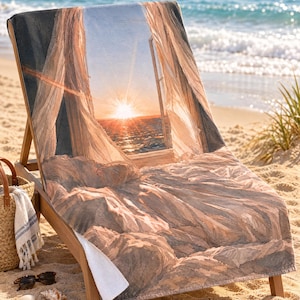May include: A rectangular beach towel featuring a printed image of an open window looking out onto a sunset over the ocean. The design includes sheer curtains blowing in the breeze and a rocky landscape in the foreground, rendered in shades of orange.