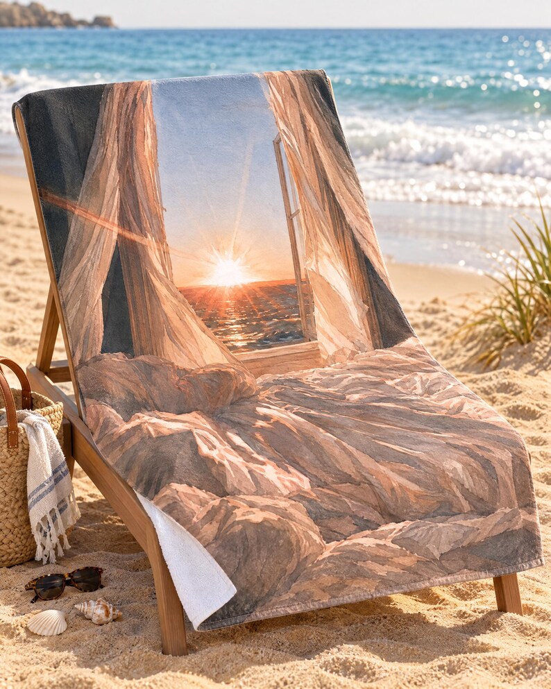 May include: A rectangular beach towel featuring a printed image of an open window looking out onto a sunset over the ocean. The design includes sheer curtains blowing in the breeze and a rocky landscape in the foreground, rendered in shades of orange.