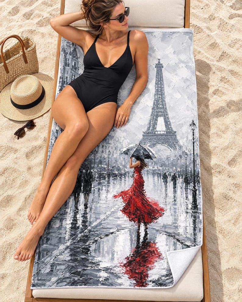 Paris Beach Towel, Rainy Eiffel Tower Red Dress Art, Impasto Art Print — Travel Lover Gift bild 1