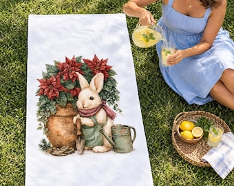 Christmas Bunny Beach Towel, Poinsettia Watercolor Art, Christmas Garden Decor — Gardener Gift