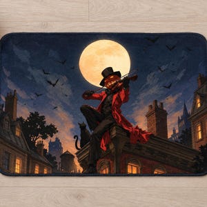 Overhead view of the whole pumpkin head violin bath mat on a light wood floor, showing the full moon, bats, chimneys and lit windows, with rolled white towels, a candle, a small pumpkin and a plant beside it.