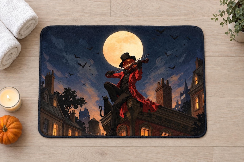 Overhead view of the whole pumpkin head violin bath mat on a light wood floor, showing the full moon, bats, chimneys and lit windows, with rolled white towels, a candle, a small pumpkin and a plant beside it.