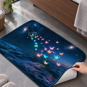 May include: A rectangular bath mat featuring a dark blue night sky filled with stars and a galaxy, transitioning into a deep blue ocean. A flock of colourful, glowing origami cranes in shades of pink, orange, and blue flies above the water.