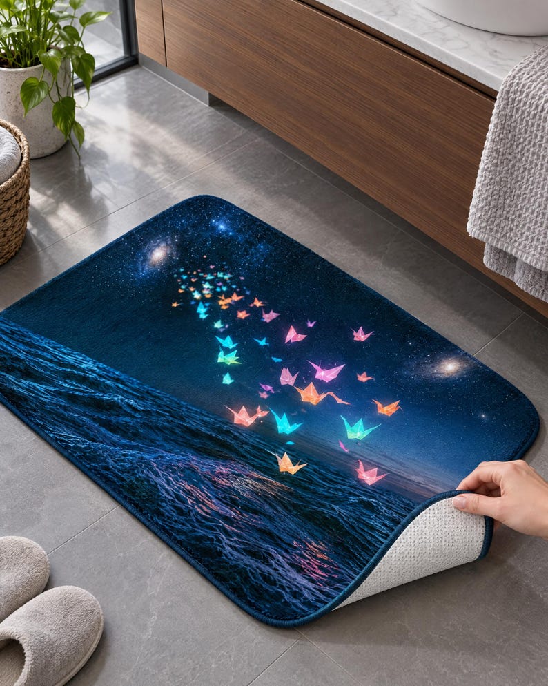 May include: A rectangular bath mat featuring a dark blue night sky filled with stars and a galaxy, transitioning into a deep blue ocean. A flock of colourful, glowing origami cranes in shades of pink, orange, and blue flies above the water.
