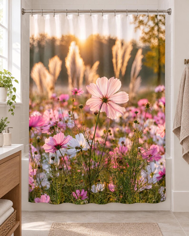K&ouml;nnte beinhalten: Ein Duschvorhang mit einem Fotodruck eines Feldes voller bl&uuml;hender rosa und wei&szlig;er Kosmeen. Die Szene wird von warmem, goldenem Sonnenlicht beleuchtet, das durch hohe Gr&auml;ser im Hintergrund f&auml;llt und eine sanfte, leuchtende Atmosph&auml;re schafft.