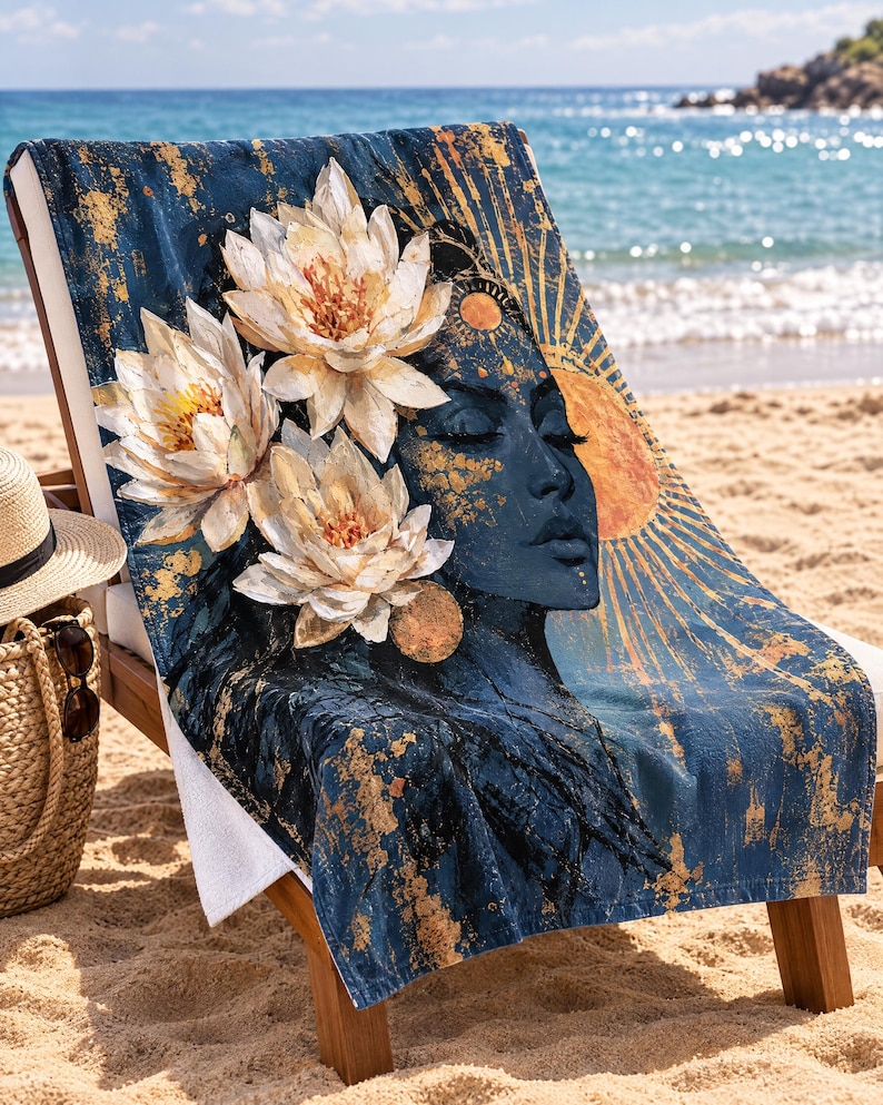 K&ouml;nnte beinhalten: Ein rechteckiges Strandtuch mit dunkelblauem Hintergrund und goldenen Farbspritzern. Das Design zeigt das Profil eines Gesichts mit geschlossenen Augen, drei gro&szlig;e wei&szlig;e Lotusbl&uuml;ten und ein goldenes Sonnenmotiv mit strahlenden Strahlen.
