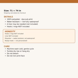May include: A SUNRISE Shower Curtain product information sheet with a brown header. The text lists the size as 71 x 74 inches, specifies 100% polyester material, notes it is water-resistant, and includes care instructions for machine washing.