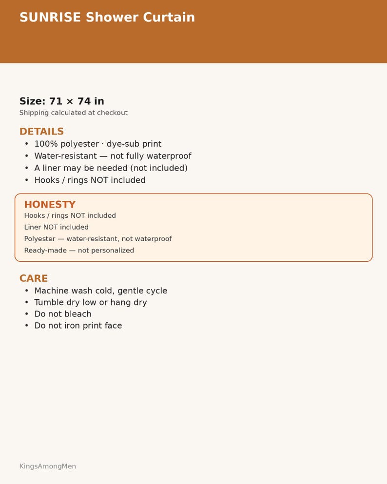 May include: A SUNRISE Shower Curtain product information sheet with a brown header. The text lists the size as 71 x 74 inches, specifies 100% polyester material, notes it is water-resistant, and includes care instructions for machine washing.