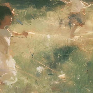 Close-up of the printed design on the shower curtain: a child at the left edge and another running at the top right, both partly cut off, in soft golden green grass.