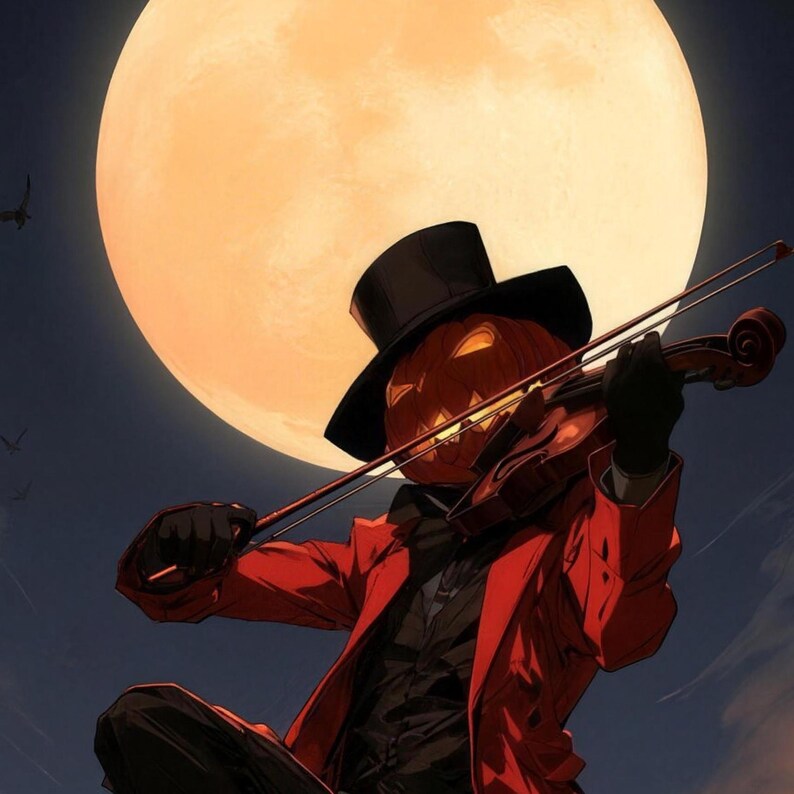 Close-up of the printed design on the shower curtain: a pumpkin head with glowing eyes under a black top hat, playing a violin in a red coat against a huge full moon.