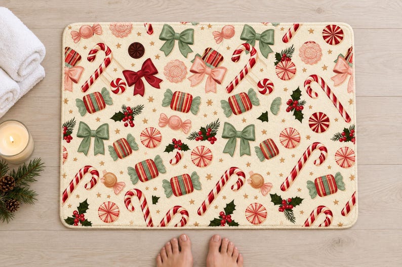 Candy cane Christmas bath mat seen from above on a light wood floor, with rolled white towels, a candle, pine sprigs and bare feet at the bottom edge.