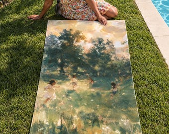Art Beach Towel, Impressionist Summer Garden Painting, Nostalgic Green Decor — Gift for Grandma