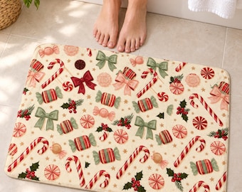 Candy Cane Christmas Bath Mat, Candy Cane Bath Rug, Peppermint Christmas Bathroom Decor — Hostess Gift