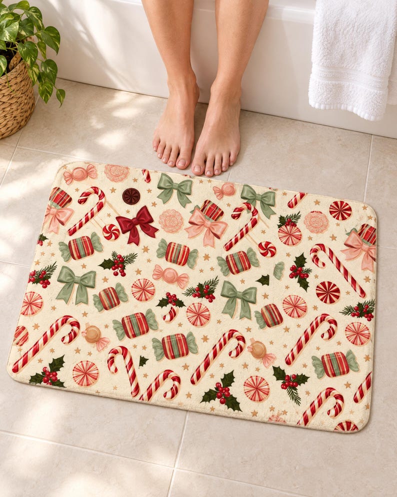 Candy cane Christmas bath mat with candy canes, peppermint swirls, striped candies, bows and holly on cream, on a tiled bathroom floor by a tub with bare feet at the edge.