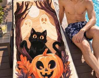 Halloween Black Cat Beach Towel, Vintage Halloween Themed Beach Towel, Jack O Lantern Cat Art — Cat Lover Gift