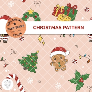 Pode incluir: Um padrão digital contínuo sobre um fundo rosa claro com uma grade branca, apresentando ícones de Natal desenhados à mão, incluindo um boneco de gengibre, uma árvore decorada, presentes, azevinho e bengalas doces. Um emblema circular diz 100% ORIGINAL HAND-DRAWN DESIGN e uma faixa branca exibe o texto CHRISTMAS PATTERN.