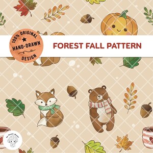 Pode incluir: Um padrão digital contínuo sobre um fundo bege claro com uma grade branca. O design inclui ilustrações em aquarela de raposas, ursos, abóboras, bolotas e folhas de outono. O texto diz FOREST FALL PATTERN.