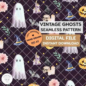 Pode incluir: Um padrão digital sem costura com ilustrações em aquarela de fantasmas brancos, abóboras laranja, velas roxas, crânios, morcegos, corvos e flores cor-de-rosa num fundo roxo escuro com sobreposições de texto como VINTAGE GHOSTS SEAMLESS PATTERN.