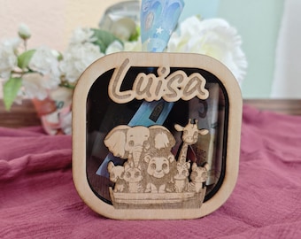 Gepersonaliseerde houten spaarpot met gravure & dierenmotief – cadeau voor kinderen of baby's | Naamspaarpot handgemaakt van hout