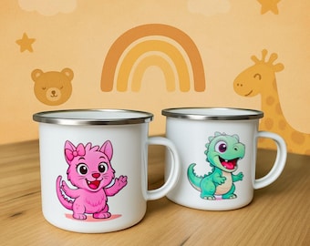 Gepersonaliseerde kinder emaille mok met naam – emaille mok met motief | Cadeau voor kleuterschool, school, camping, kindermok