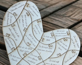 Gepersonaliseerde houten puzzel in de vorm van een hart met gravure – liefdescadeau voor partner of vriendin | Cadeau-idee Valentijnsdag, jubileum, huwelijksverjaardag