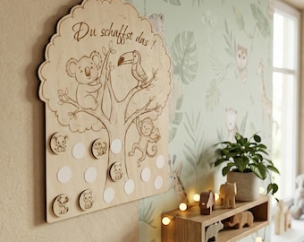 Gepersonaliseerd houten jungle-beloningsplan - Beloningssysteem voor kinderen met 14 klittenband dierenstickers - Motivatieplan voor zindelijkheidstraining in de kleuterklas
