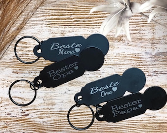 Personalisierter Einkaufswagenlöser Schlüsselanhänger mit Gravur – Geschenk für Mama Papa Oma Opa Freund Familie Schwarz Metall