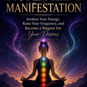 Op de afbeelding: Digitale kunstafbeelding met de tekst "KUNDALINI MANIFESTATION". Het toont een persoon die mediteert met chakrasymbolen, omringd door kleurrijke energielijnen. De tekst luidt "Awaken Your Energy, Raise Your Frequency, and Become a Magnet for Your Desires."