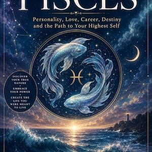 May include: A book cover titled The Complete Guide to Pisces, featuring two blue fish swimming in a circle within a golden frame, set against a dark starry sky, a crescent moon, and a turbulent ocean scene with a lighthouse on the horizon.