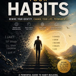 May include: A digital poster titled TRANSFORM YOUR HABITS with text including REWIRE YOUR IDENTITY, CHANGE YOUR LIFE-PERMANENTLY, and a central figure walking up stairs toward a bright light, flanked by negative thoughts on the left and positive on the right.