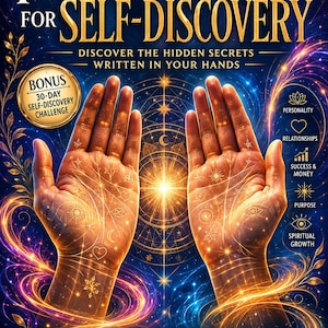 May include: A book cover titled The Ultimate Palm Reading for Self-Discovery featuring two open palms glowing with golden light against a dark blue cosmic background. The design includes celestial symbols, a central mandala, and text detailing a 30-day challenge.