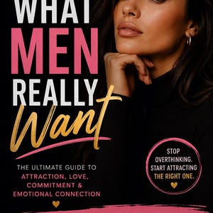 May include: Book cover with the title "WHAT MEN REALLY WANT" in white and gold lettering. The cover features a woman and text that reads "The Ultimate Guide to Attraction, Love, Commitment & Emotional Connection."