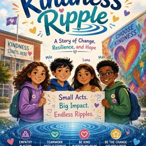 Könnte beinhalten: Ein Buchcover mit dem Titel Kindness Ripple: A Story of Change, Resilience, and Hope. Vier Kinder halten ein Schild mit der Aufschrift Small Acts. Big Impact. Endless Ripples. Der Hintergrund zeigt eine Schule, ein Wandbild und Texte.