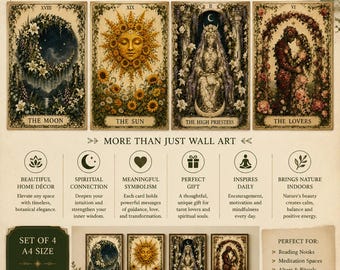Botanical Tarot Print Set The Moon, The Sun, The High Priestess & The Lovers Vintage Floral Wall Art A4 Printable Decor