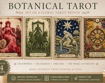 Botanical Tarot Print Set of 4, Floral Tarot Wall Art, Mystical Botanical, Cottagecore, Witchy Home Decor, Vintage Tarot, Instant Download