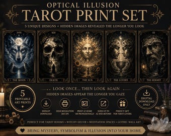 Optical Illusion Tarot Card Printable Set 5 Mystical Tarot Wall Art Prints Surreal Divination Decor Gothic Moon Art Digital Download