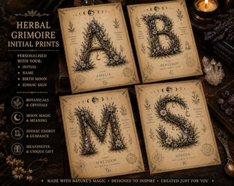 Personalised Herbal Grimoire Print, Custom Initial Wall Art, Birth Moon Print, Zodiac Gift, Witchy Decor, Dark Academia Art
