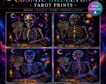 Set of 4 Cosmic Skeleton Tarot Prints Celestial Printable Wall Art Moon Star Planet Constellation Skeleton Witchy Decor Instant Download