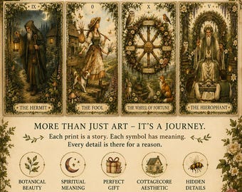 Cottagecore Tarot Print Set Botanical Tarot Wall Art The Hermit, The Fool, Wheel of Fortune & Hierophant A4 Printable Download