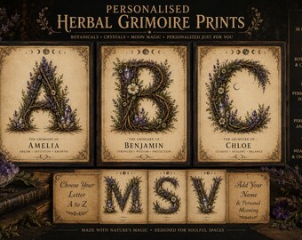 Personalised Herbal Grimoire Print, Botanical Initial Wall Art, Witchy Monogram Decor, Crystal Letter Artwork, Dark Academia Gift