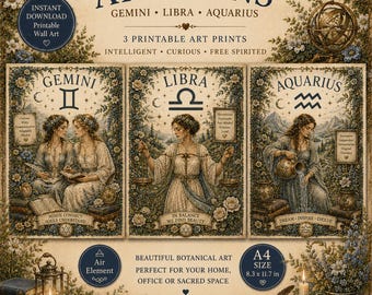 Air Signs Botanical Zodiac Prints: Gemini, Libra, Aquarius (A4 Digital Download)