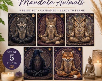 Meditation Mandala Animal Print Set of 5 Fox Wolf Owl Raven Cat Wall Art Boho Zen Decor Printable Digital Download
